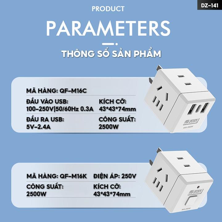 Phích Cắm Vuông Siêu Chịu Tải 1 Chia 3 Công Suất 2500w Kèm Theo Cổng Đầu Ra Usb Tiện Lợi DZ-141