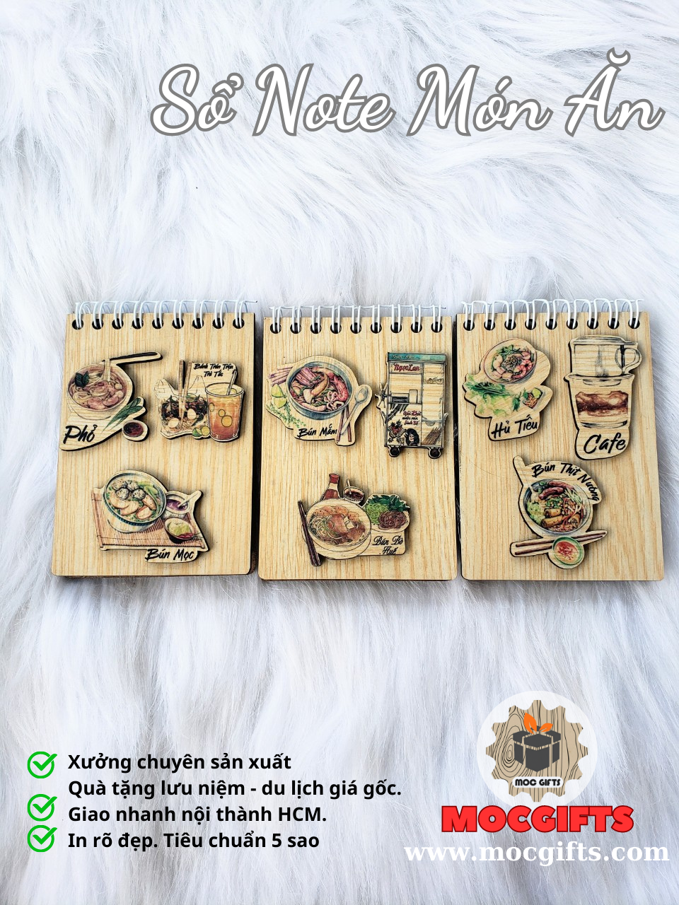 Sổ tay nhỏ bìa gỗ ( 12cmx7.9cm ) hình ảnh món ăn ngon Việt Nam quà lưu niệm Việt Nam ý nghĩa - Hàng VNXK