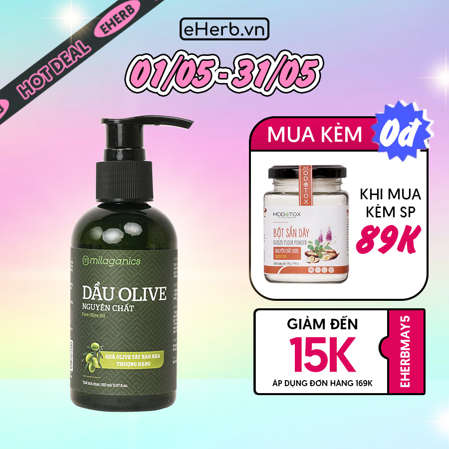 Dầu Olive Milaganics Nguyên Chất 100%, Dưỡng Da, Móng, Tóc - Dưỡng Ẩm Cho Da, Môi Hồng, Giảm Thâm, Ngăn Ngừa Lão Hóa 150ml/Chai (Mẫu Mới)