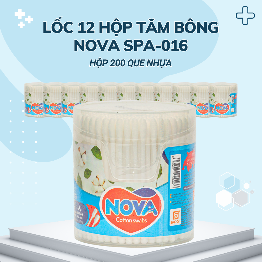 Lốc 12 hộp Tăm bông Nova người lớn thân nhựa hộp vát 200 que SPA-016