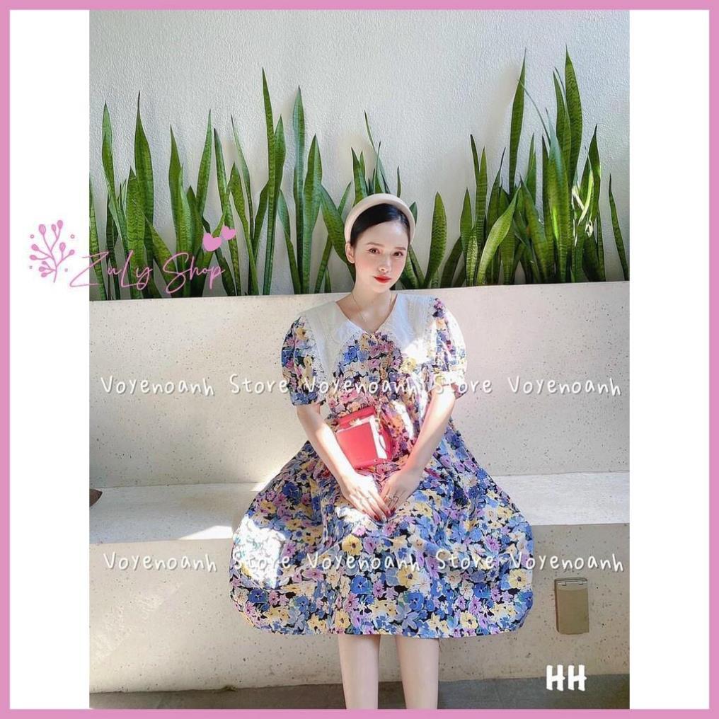 Váy hoa tím cổ trắng dáng xòe