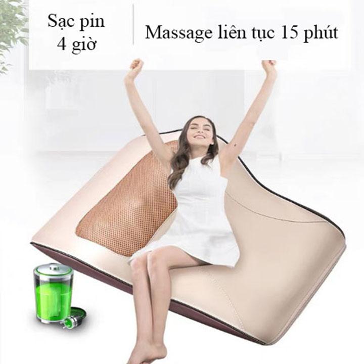 Gối Massage Đa Năng Sạc Pin, Tự Động ngắt sau 15 phút massage, Massage Lưng, Vai, Gáy 8 bi