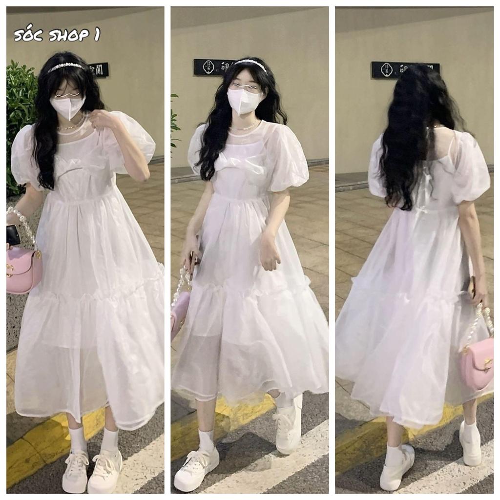 Váy Trắng 2 Lớp Nơ Ngực To Màu Trắng Ulzzang Hàn Quốc