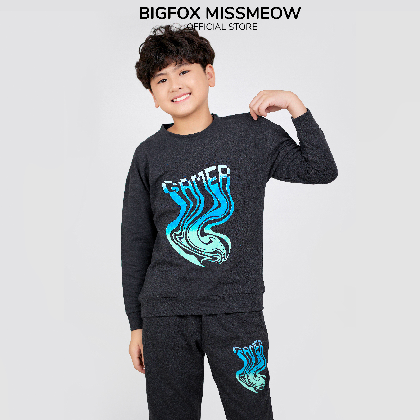 Bộ bé trai thu đông Bigfox Miss Meow dài tay thể thao kiểu Hàn Quốc chất nỉ da cá size đại trẻ em 12-15 tuổi 50kg