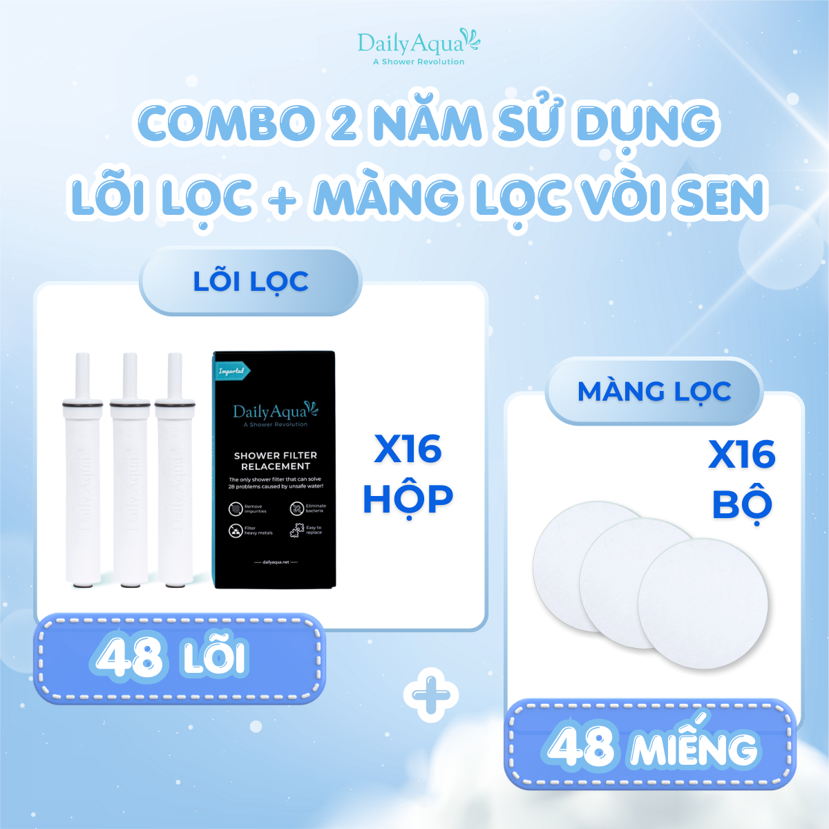 Bộ Lọc Nước Trọn Năm Cho Vòi Sen Daily Aqua Loại Bỏ Vi Khuẩn, Tạp Chất - Tiết Kiệm, An Toàn Tiện Lợi