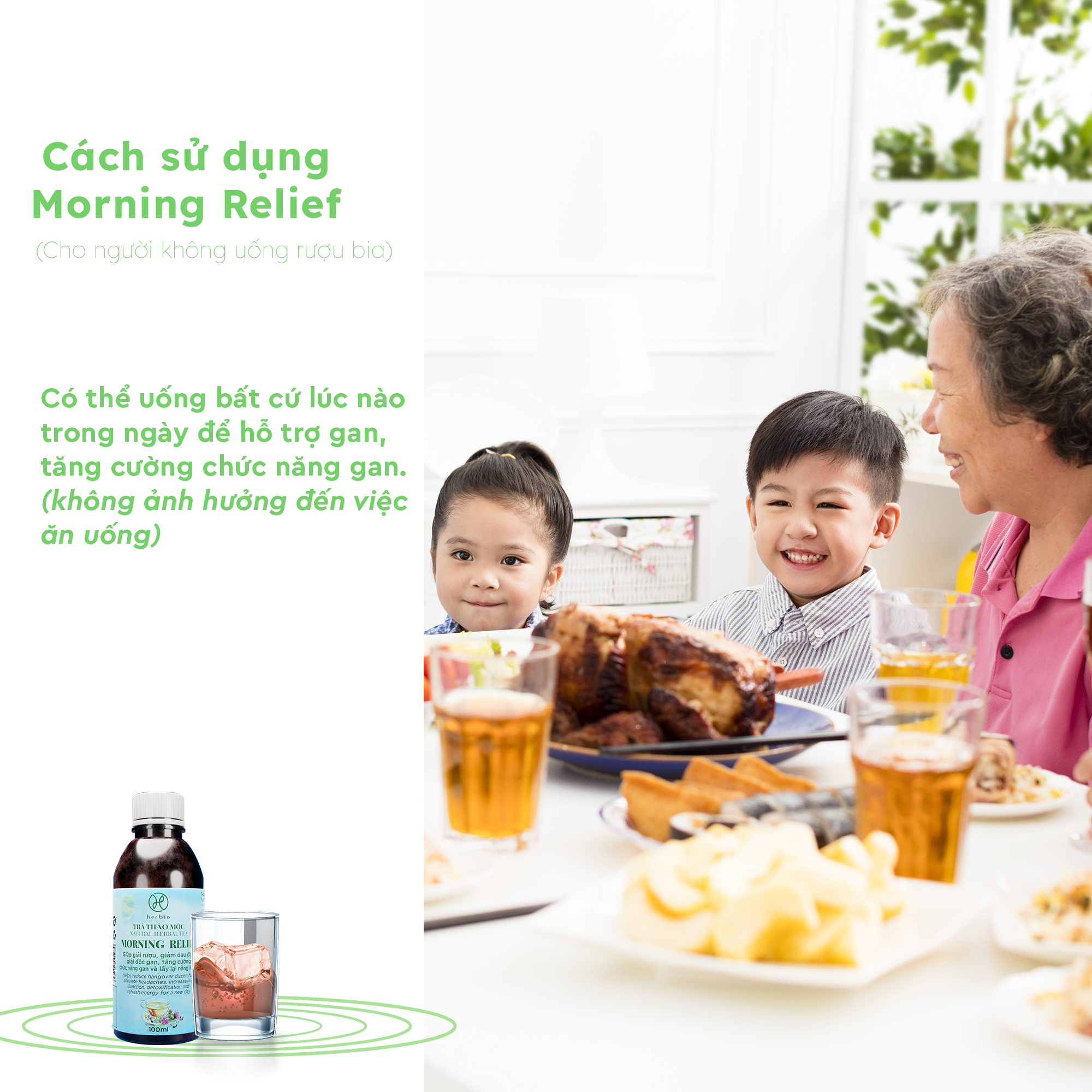 TRÀ THẢO MỘC GIẢI RƯỢU BỔ GAN HERBIO MORNING RELIEF - xóa tan cảm giác mệt mỏi, đau đầu sau khi dùng rượu bia, giảm tác hại của rượu bia lên gan, lấy lại năng lượng cho cơ thể - CHAI 100ML