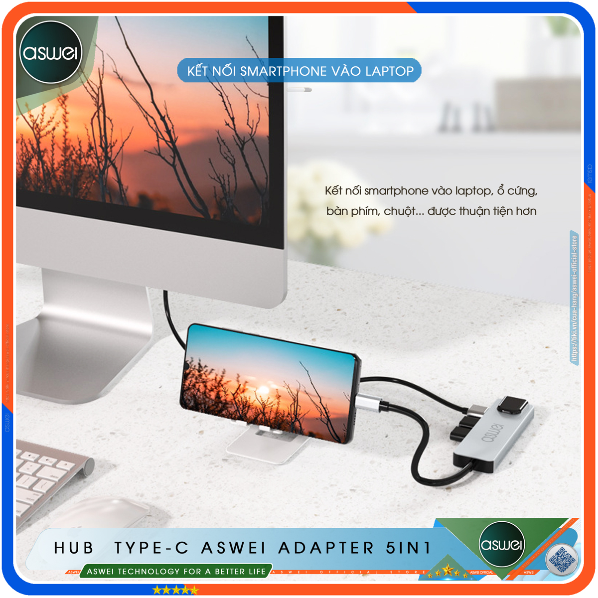 Hub Type C ASWEI 5 in 1 To HDMI, USB 3.0, Lan RJ45, PD 100W - Cổng Chia USB, Ổ Chia USB Tốc Độ Cao - Hub Chuyển Đổi USB Type C 5 Cổng - Hàng Chính Hãng