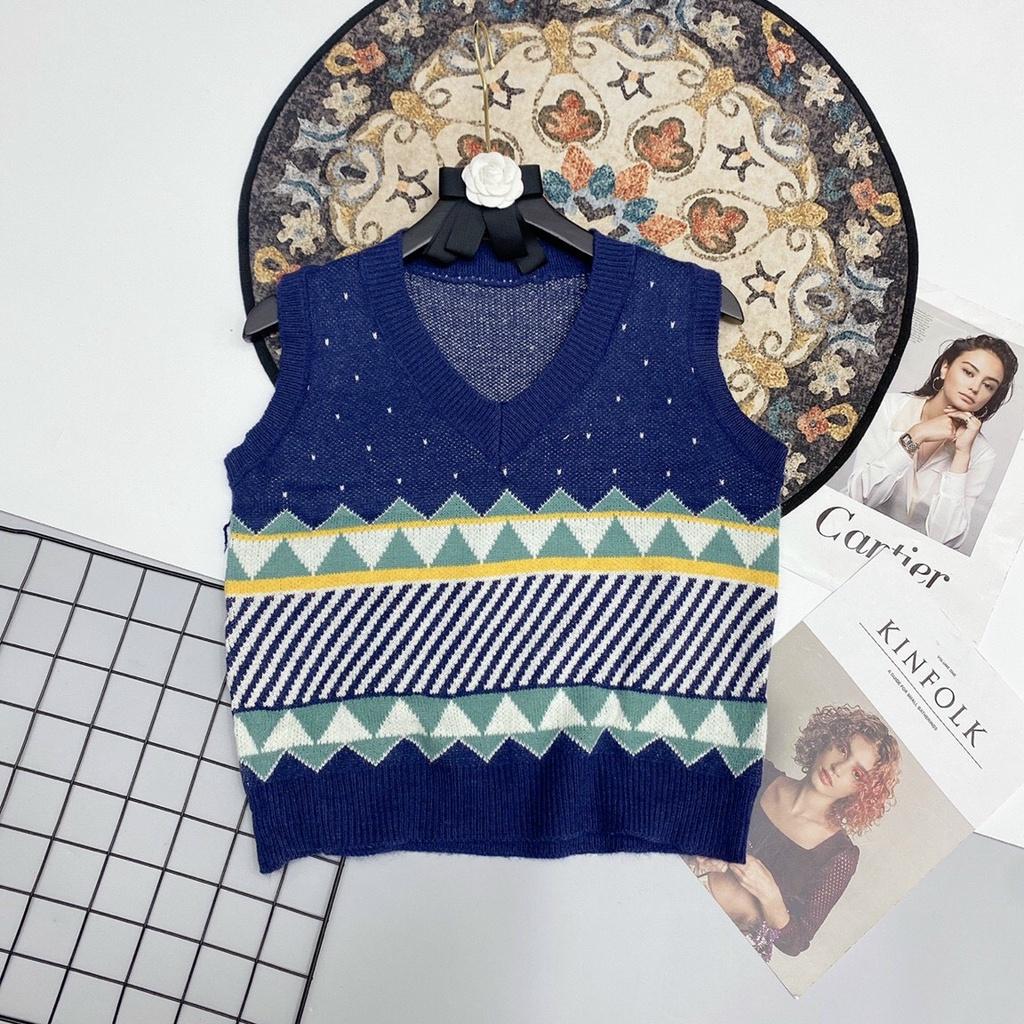 Áo gile len thổ cẩm cổ tim vintage