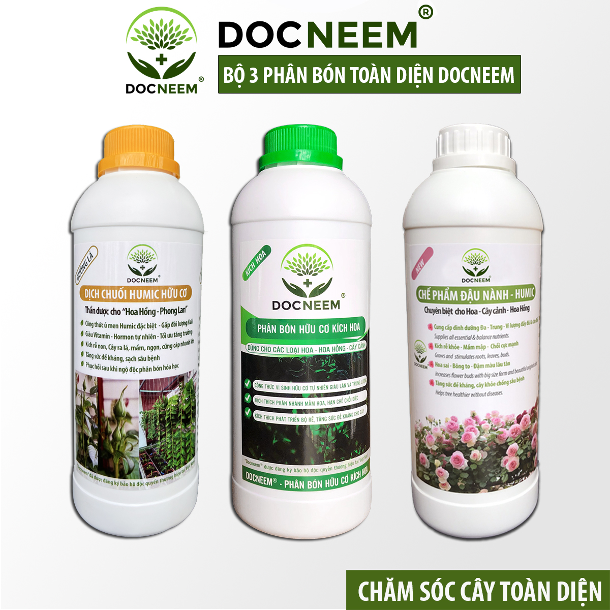 Combo Phân bón toàn diện Đậu tương Humic, Dịch chuối, Kích Hoa (3 lít), thương hiệu Docneem, cung cấp dinh dưỡng chuyên biệt cho từng giai đoạn phát triển của cây kiểng, hoa hồng, hoa lan, nguồn gốc hữu cơ, an toàn dễ sử dụng