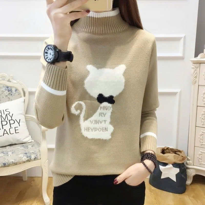 Áo len nữ dài tay cổ tròn mềm mại hoạ tiết hình mèo dễ thương phong cách Hàn Quốc