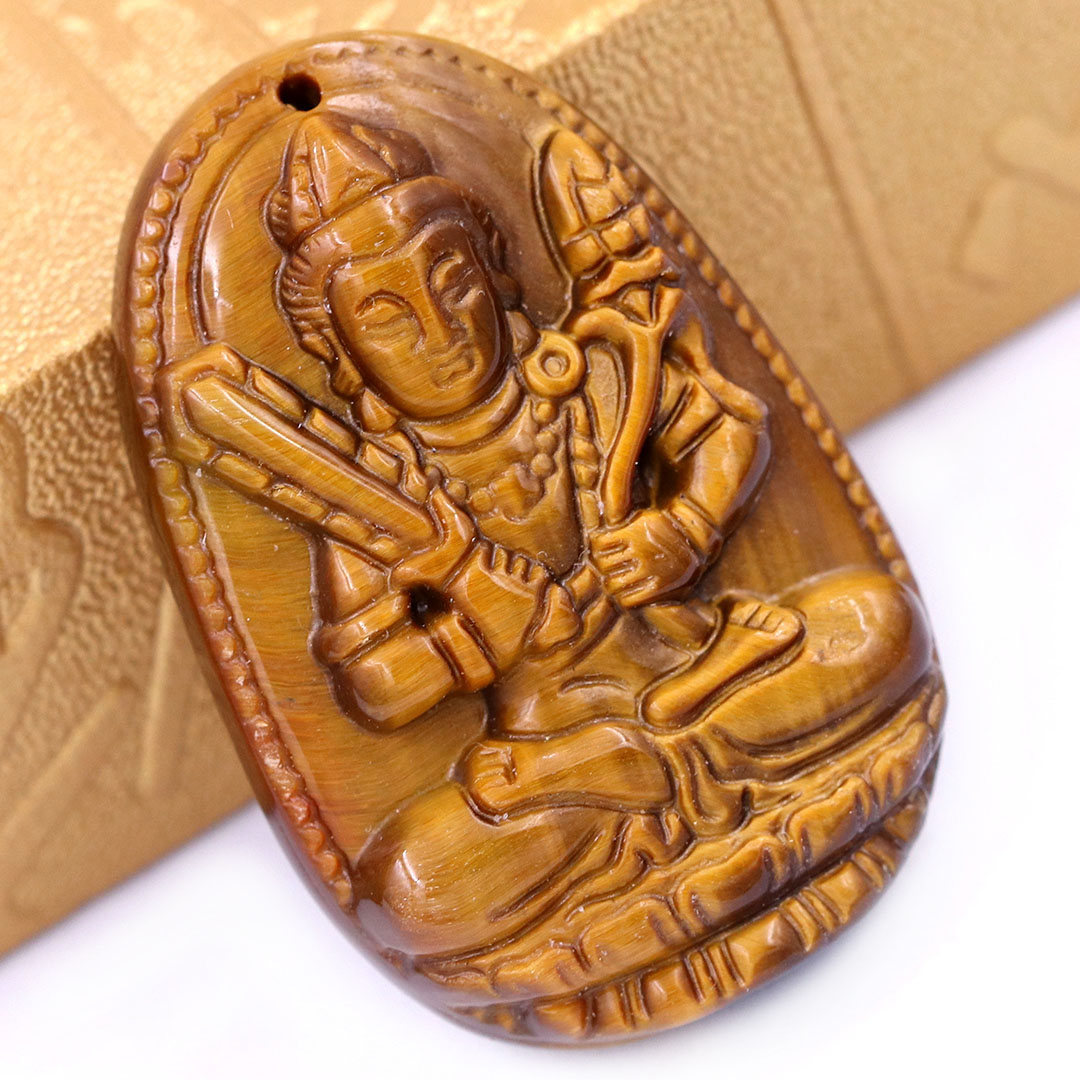 Mặt Phật Hư không tạng đá mắt hổ 5 cm  kèm móc và dây chuyền inox vàng, Mặt Phật bản mệnh