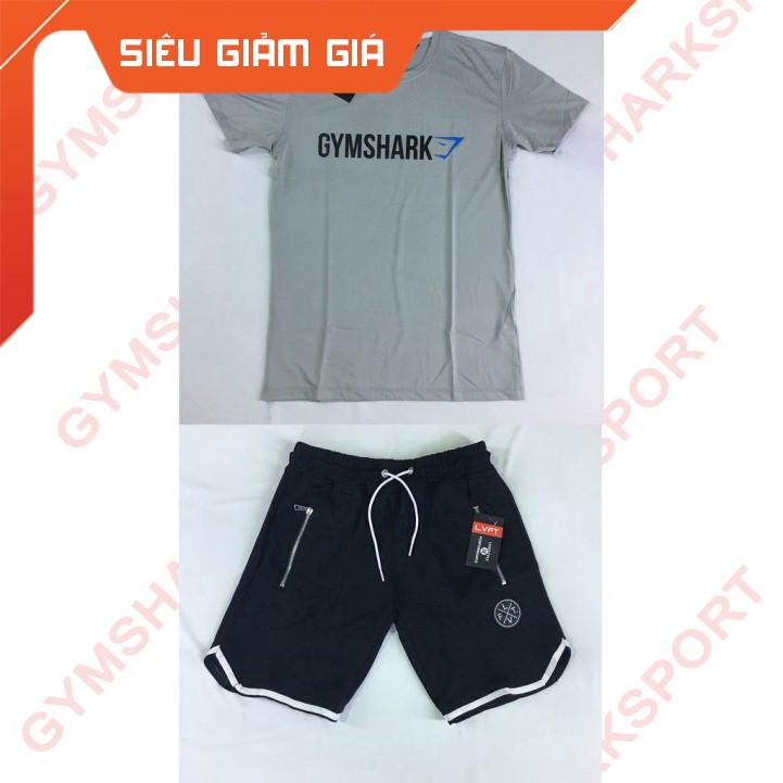 Bộ Áo Thun Gymshark ngang Xám Quần thể thao LVFT thun Poly Đen