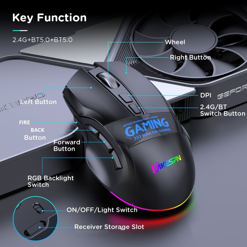 Chuột Led Gaming Không Dây W10 Đa kết nối Bluetooth 5.0 + Usb 2.4G Pin sạc TypeC