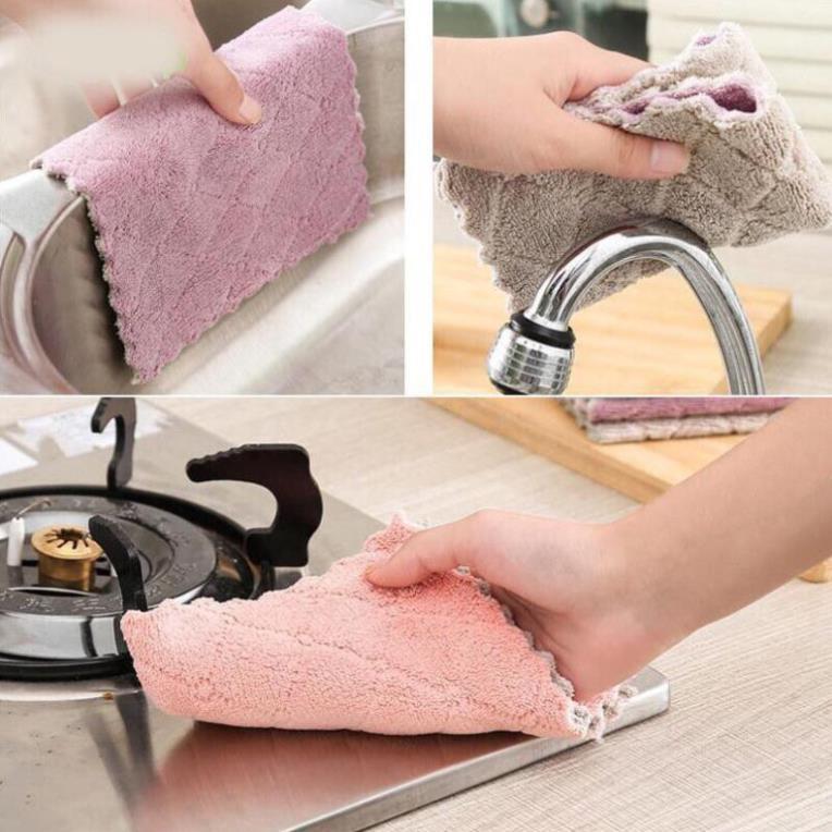 10 Khăn lau đa năng bếp, bát đĩa, cốc chén thấm nước chống dính dầu mỡ hai mặt loại to 15x26cm thảm lau chân