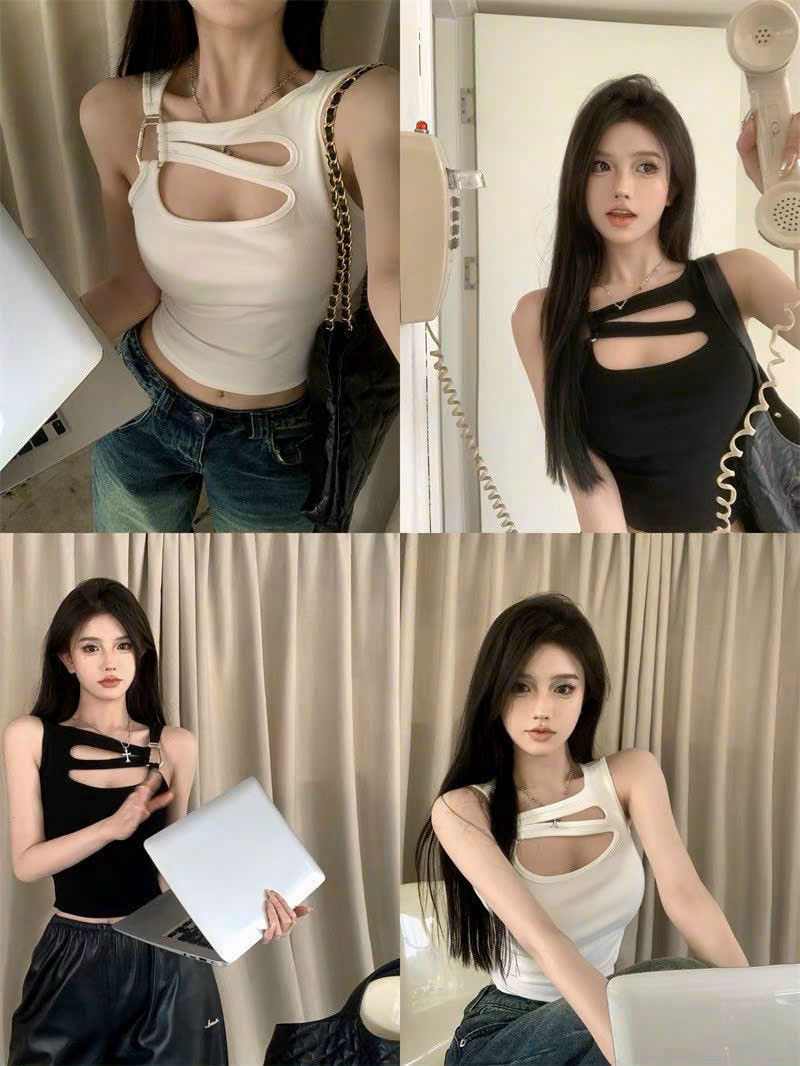 Áo Hai Dây Ngắn Thời Trang Hàn Quốc Chạm Khoét Cho Nữ, Áo ba lỗ croptop dây đan thân trước, Croptop thân dây chéo