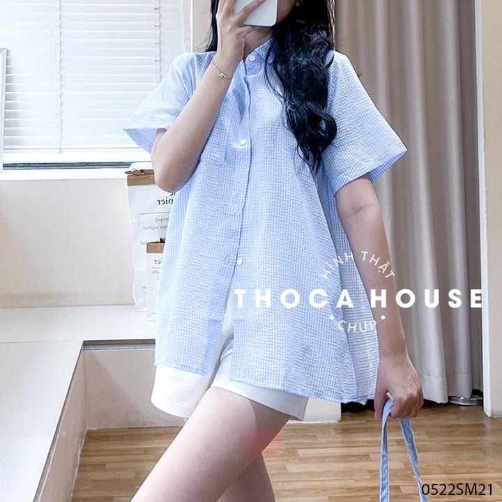 Áo sơ mi tay ngắn caro xẻ tà sau caro hồng, xanh biển, đen THOCA HOUSE năng động, kiểu cách trendy