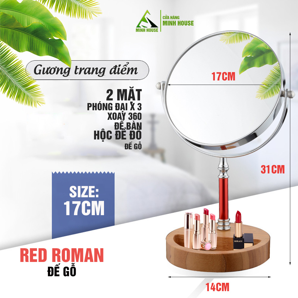 Gương trang điểm để bàn đế gỗ Red Roman, Crom, phóng đại zoom x3, 2 mặt xoay siêu nét Minh House