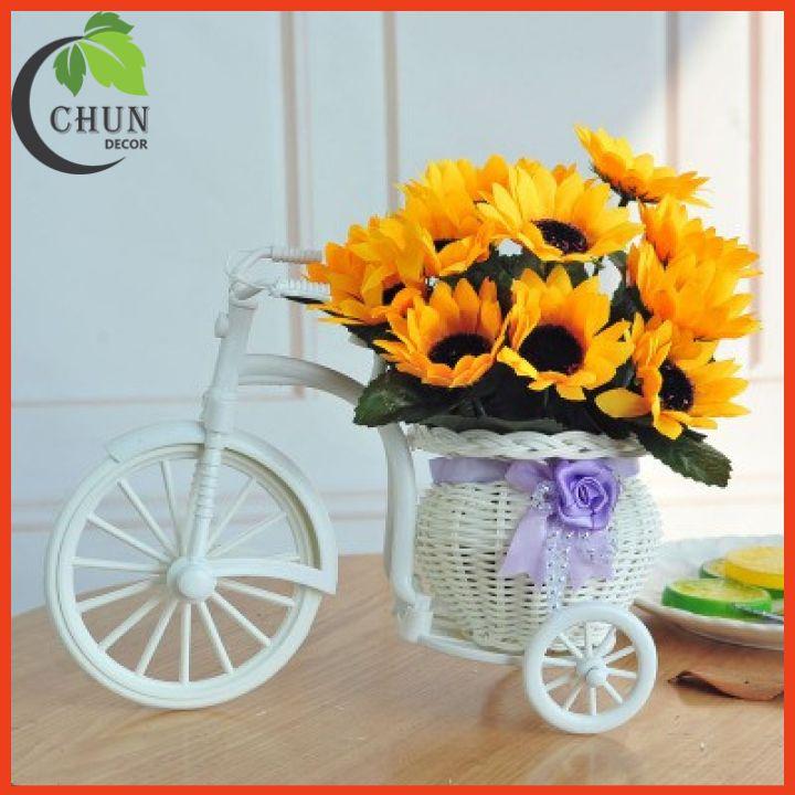 Hoa giả - Giỏ xe đạp hoa lụa nhiều mẫu cao 22cm để bàn,kệ tủ trang trí nhà cửa