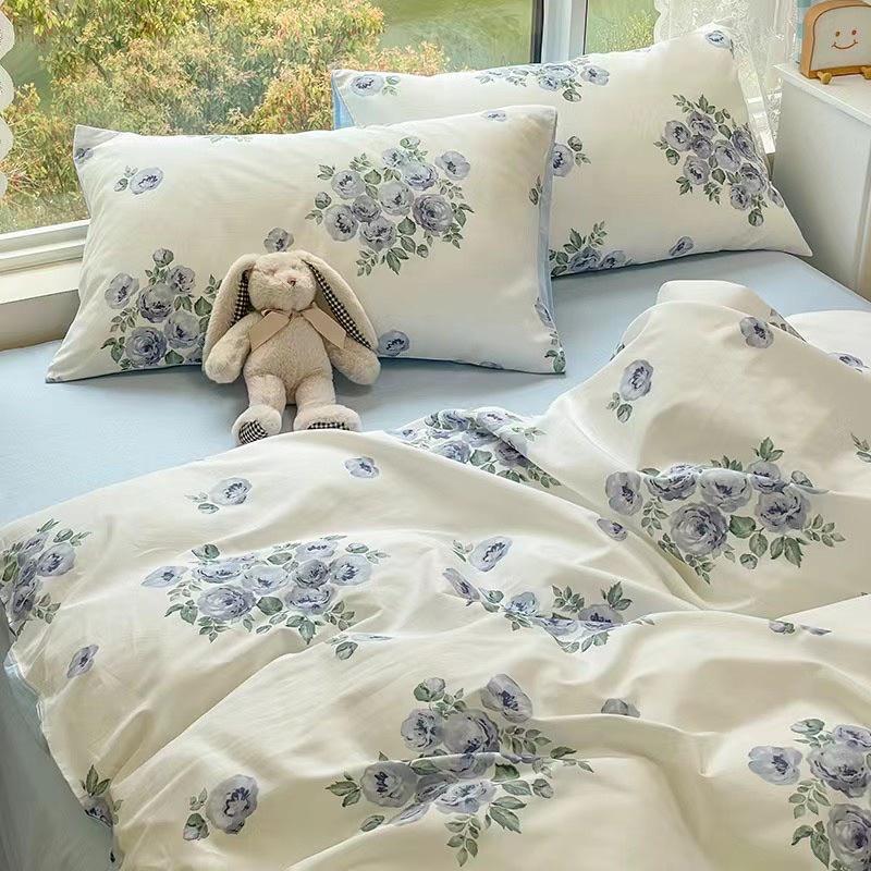 Bộ Chăn Ga Gối Côtton Living 100%cotton Hàng Nhập Khẩu Cao Cấp 4 Món Hoa Xanh