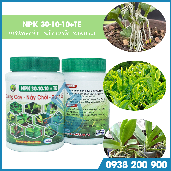 Phân bón lá NPK giúp dưỡng cây nảy chồi, xanh lá - 30-10-10 +TE -chai 100gr