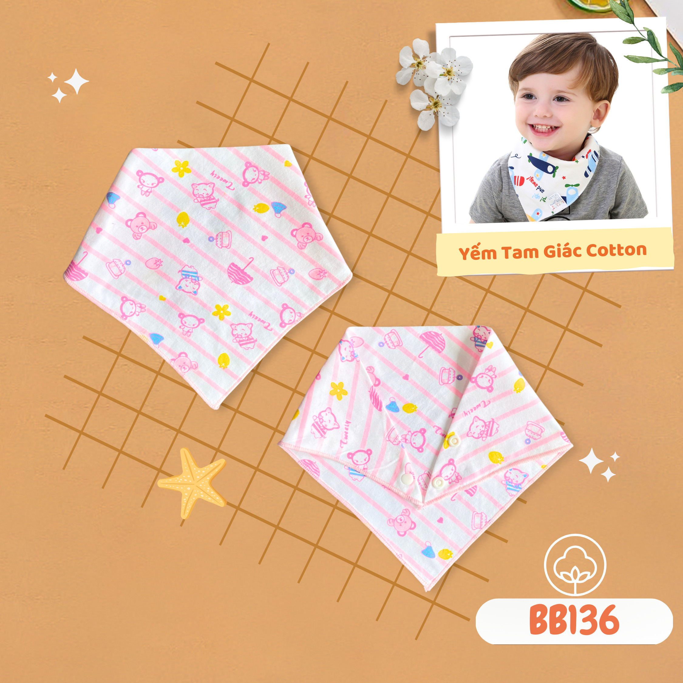 Yếm tam giác cho bé Babiboo khăn yếm cotton 2 lớp, họa tiết đáng yêu- BB136