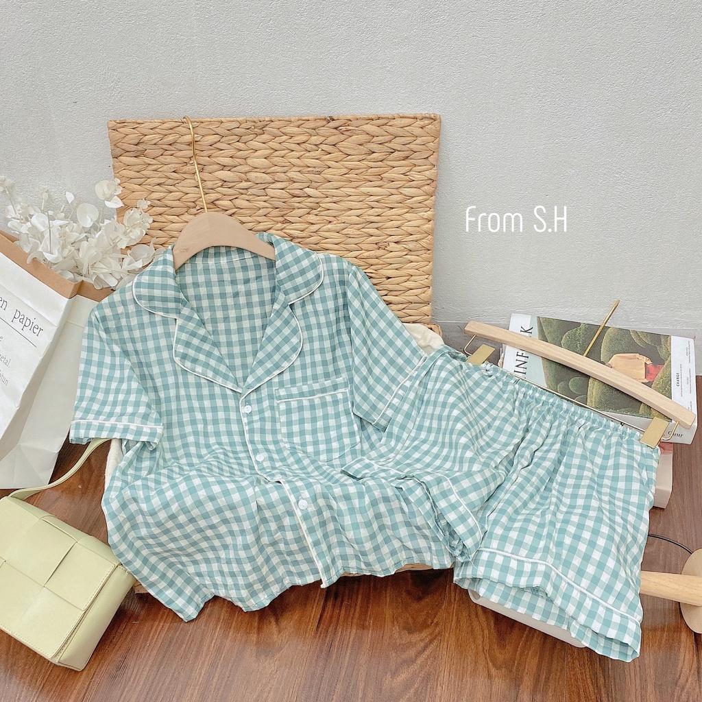 Bộ pijama caro đũi lạnh màu sắc tươi sáng muslin Hàn Quốc