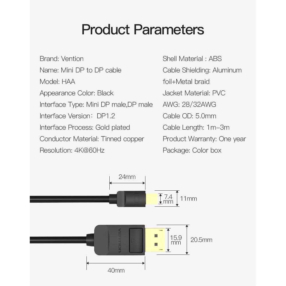 Cáp chuyển đổi Mini DisplayPort sang Displayport Vention HAAB - Hãng chính hãng