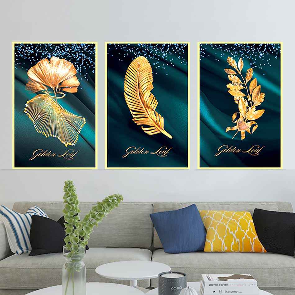 Bộ 3 tranh canvas treo tường Decor Họa tiết lá vàng cách điệu, phong cách hiện đại - DC127