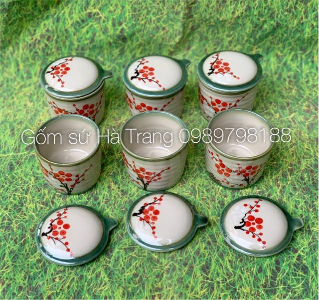 Bộ cốc làm caramen gốm sứ Bát Tràng cao cấp vẽ hoạ tiết đào đỏ