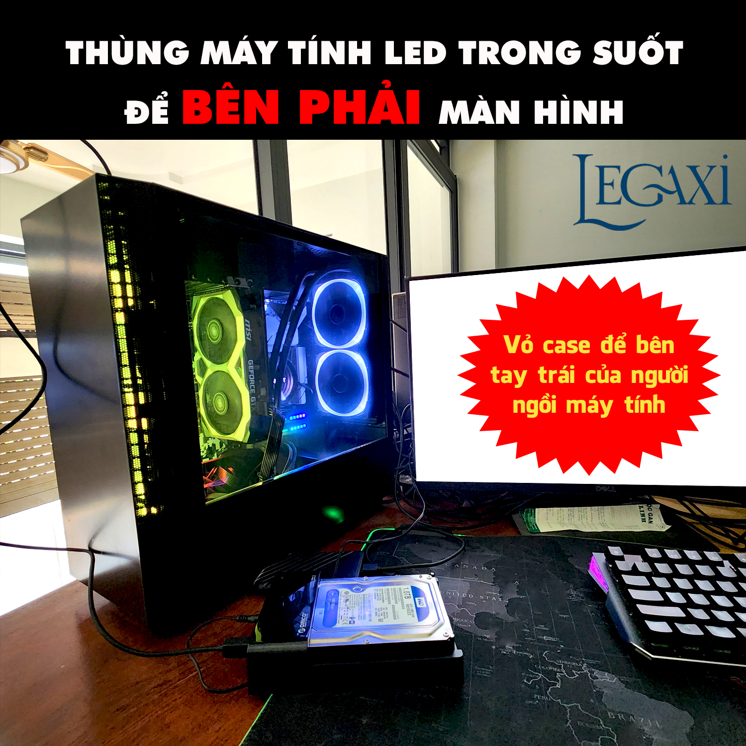 Vỏ case LED, vỏ máy tính mặt kính để BÊN PHẢI MÀN HÌNH hỗ trợ ATX hàng nhập khẩu Legaxi