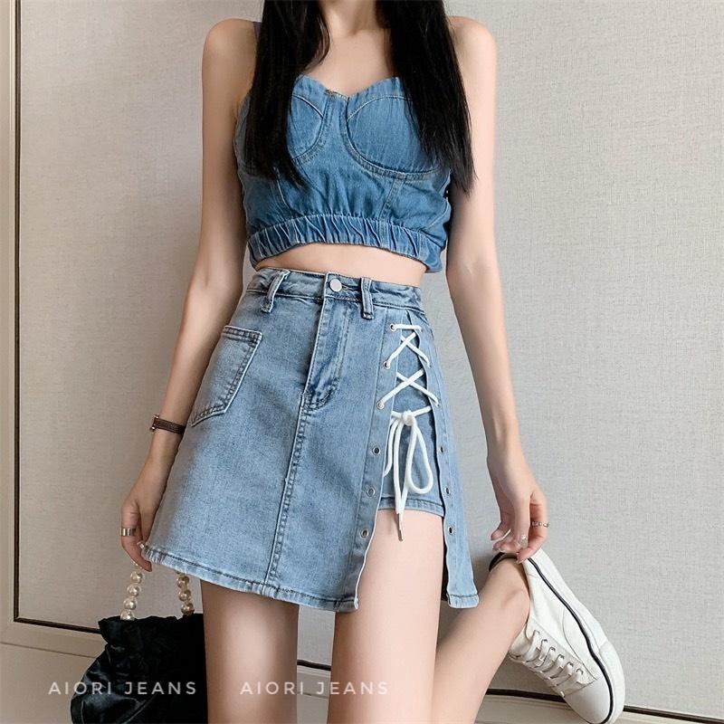 Chân Váy Jean Aiori Cao Cấp Lưng Cao Chất Vải Co Giãn Có Quần Váy Buộc Chéo Dây Xinh Xắn Phong Cách Thời Trang Hàn Quốc
