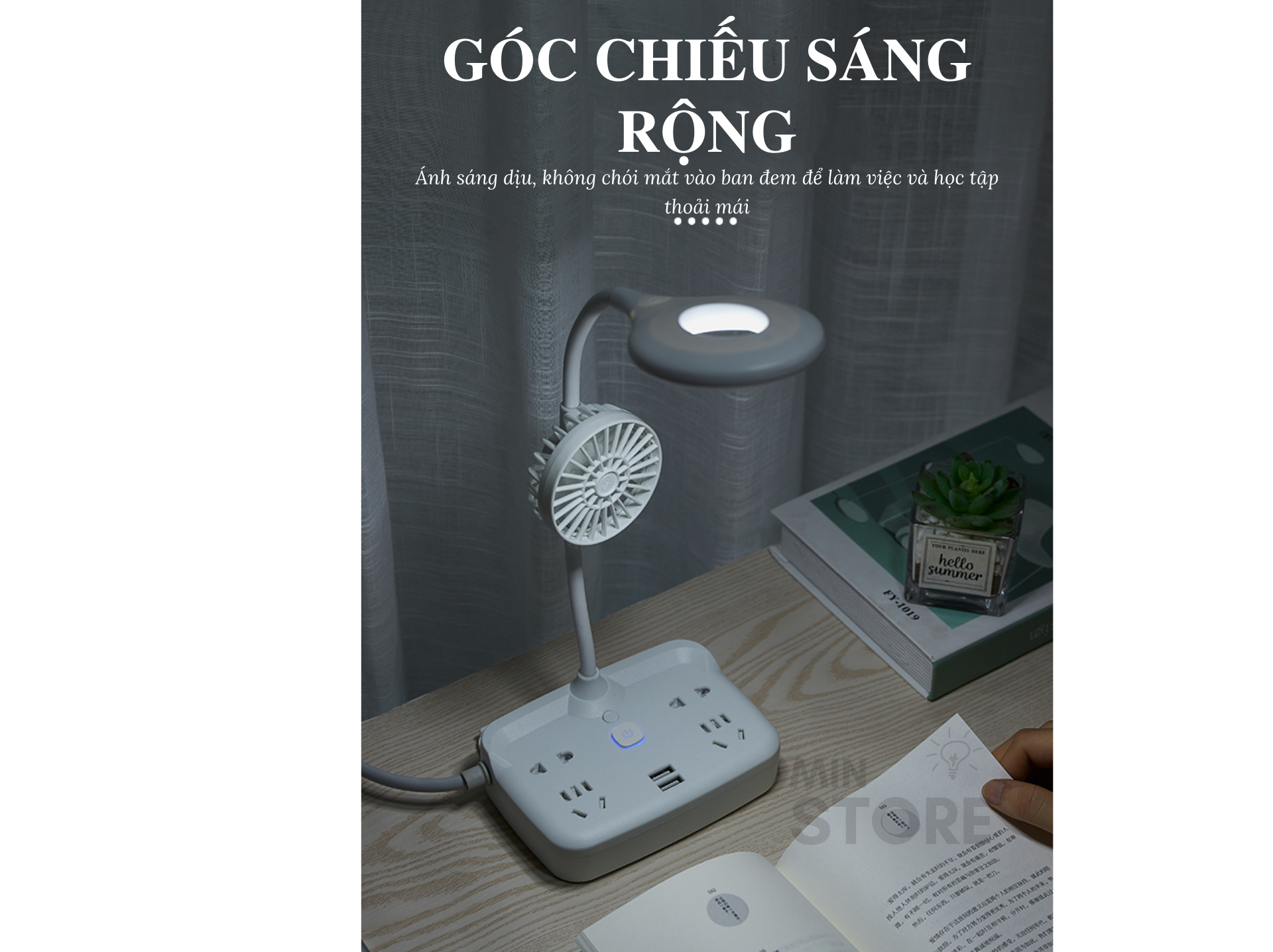 Đèn Đọc Sách Chống Cận Đa Năng- Kèm Quạt - Cổng Sạc - Ổ Cắm Điện