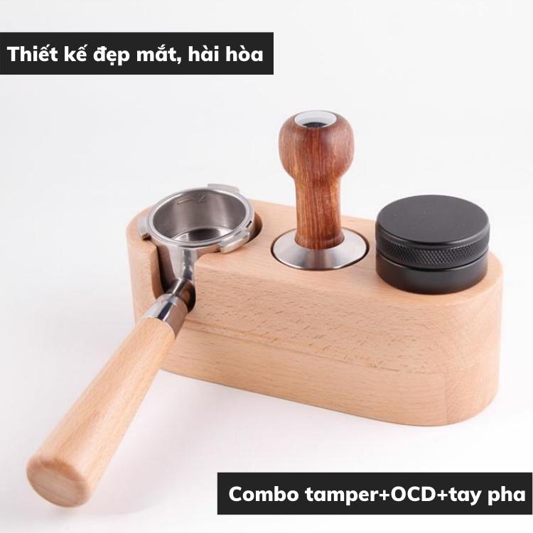 Tay pha cà phê 54mm inox cao cấp thủng đáy tay pha tamper cafe nguyên chất cán gỗ sồi cẩm lai chuyên dụng cho quán