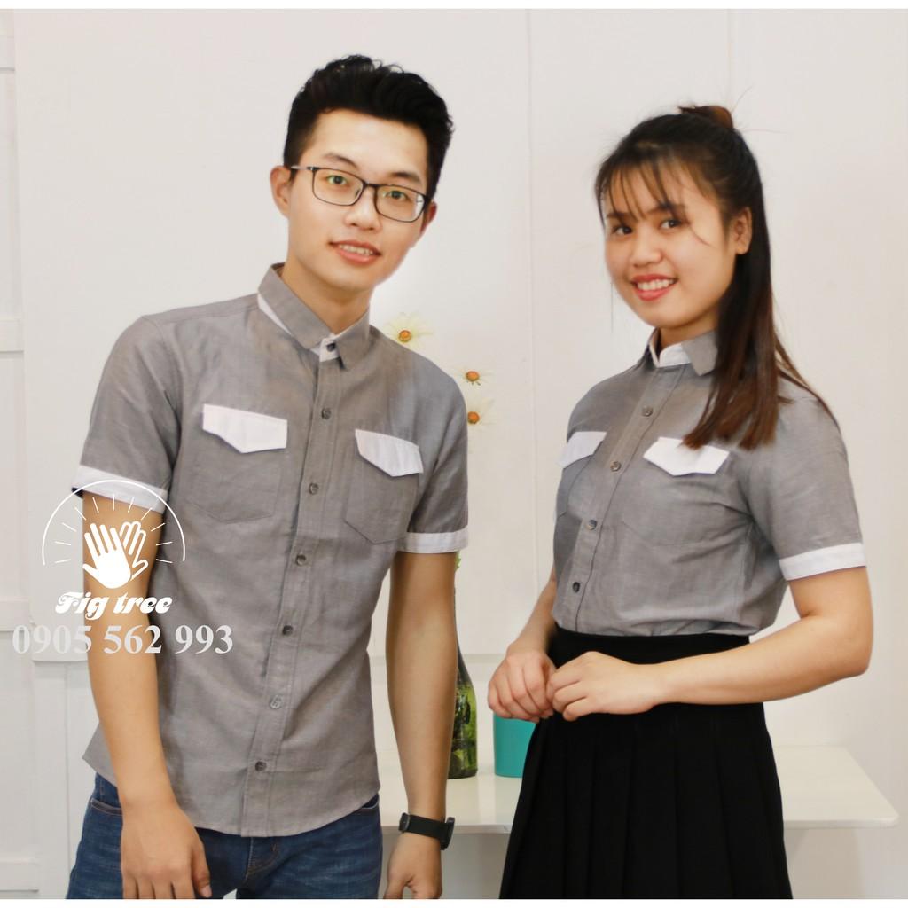 Áo sơ mi tay ngắn xám phối giả túi