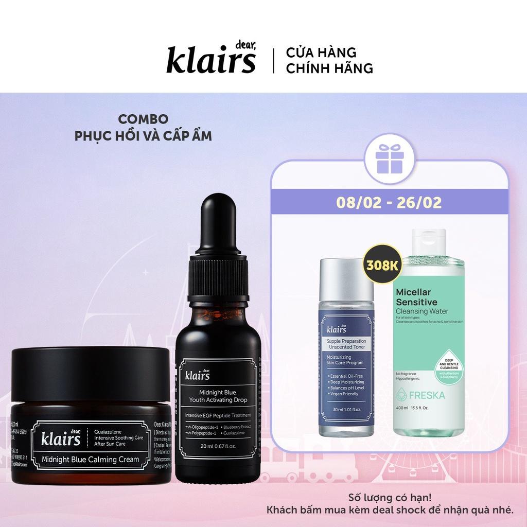 Combo Dear, Klairs tinh chất Midnight Blue Youth Activating Drop 20ml + Kem dưỡng Midnight Blue Calming Crem 30mll