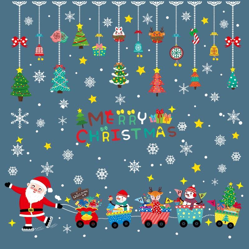 Decal trang trí Noel Hít Tĩnh Điện - Combo 2 tấm Noel kéo xe và rèm dây thông