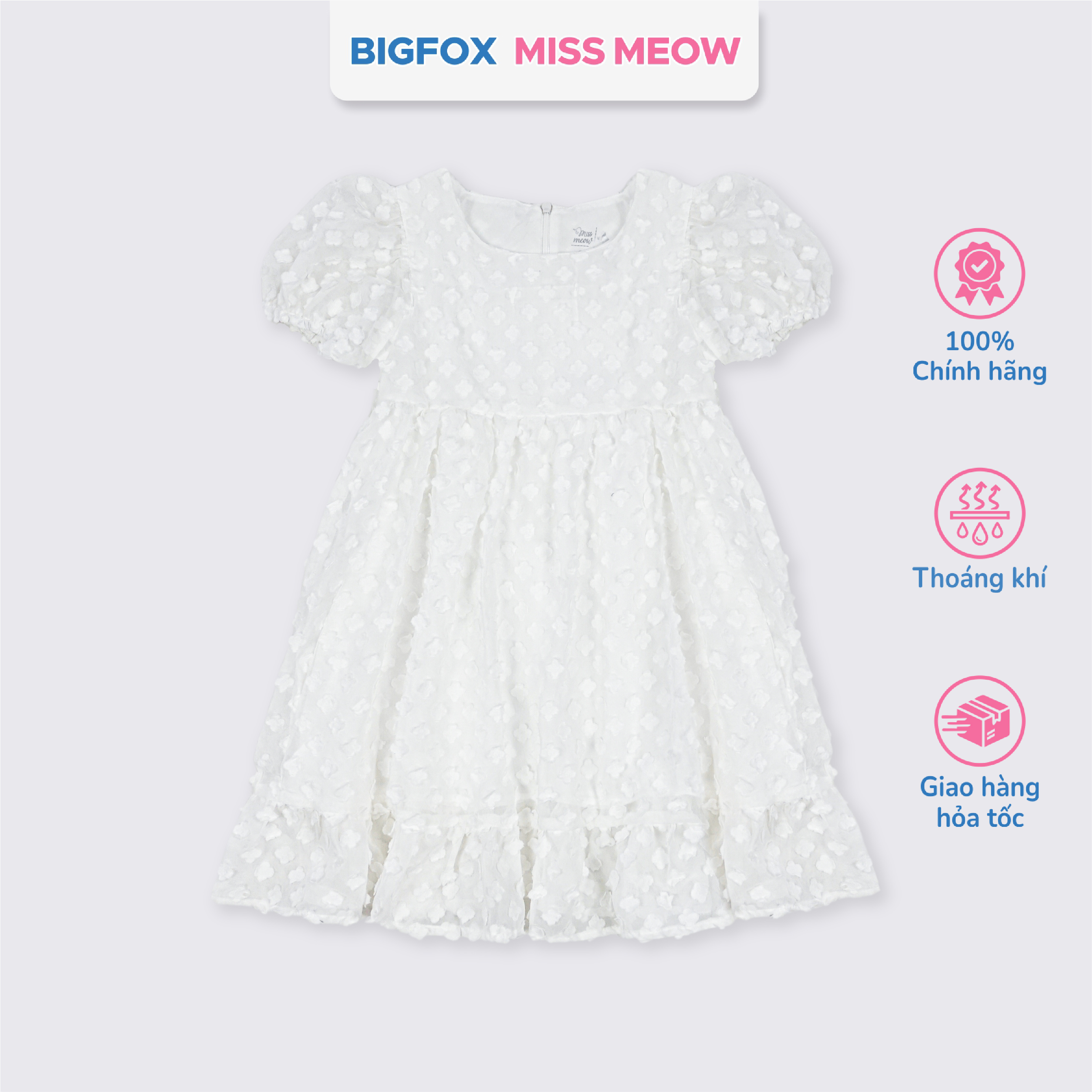 Váy trắng dự tiệc bé gái Bigfox Miss Meow, đầm công chúa tiểu thư size đại kiểu Hàn ren hoa mùa hè 3,7,9,11 tuổi 30kg