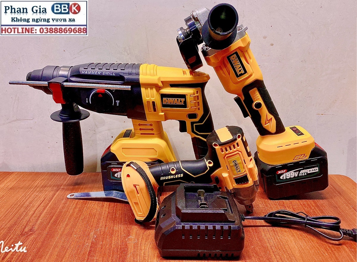 Bộ Combo 3 Trong 1 Gồm Máy Khoan Đục Bê Tông, Máy Mài Và Máy Siết Bulong Dùng Pin 199V 15 Cell, Máy Khoan Siêu Khỏe, Động Cơ Không Chổi Than - Bảo Hành 1 Năm