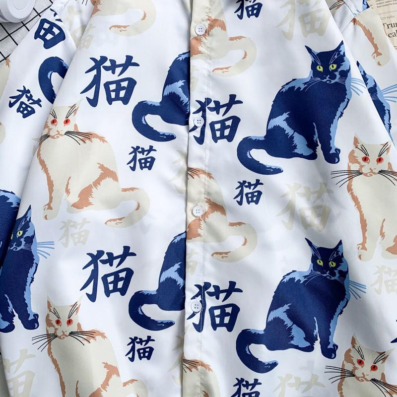 Áo Sơ Mi Nam Tay Ngắn Dáng Rộng In Hình Mèo Thời Trang