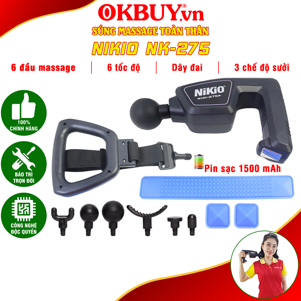 Máy (Súng) Massage Toàn Thân Nikio NK-275 - 6 Đầu + 1 Dây Đai Mát Xa Thay Thế, Tích Hợp Nhiệt Sưởi Ấm Giãn Cơ, Làm Dịu Cơn Đau Nhức Cơ Bắp Nhanh, Công Nghệ Mát Xa Mới