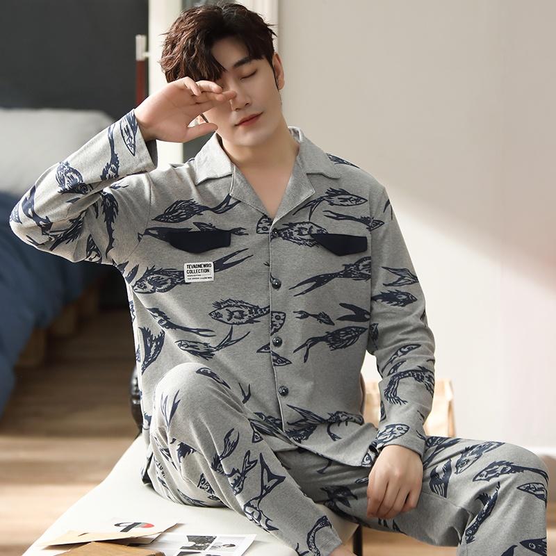 2228 - Bộ Pijama nam dài tay cao cấp màu ghi phối họa tiết hình con cá độc đáo, vải cotton 100% mềm thoáng, size L-3XL