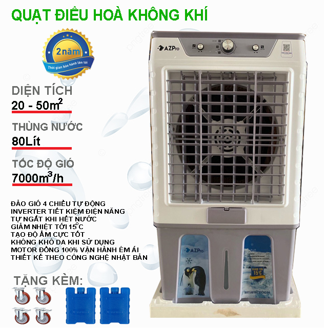 Quạt Điều Hoà 80 Lít, Diện Tích Làm Mát 20-50m², Công Nghệ Nhật Bản Cao Cấp, Inverter Tiết Kiệm Điện, Tự Ngắt Khi Hết Nước - Giao Nhanh Toàn Quốc, Hàng Chính Hãng AZPro (AZ-9600)