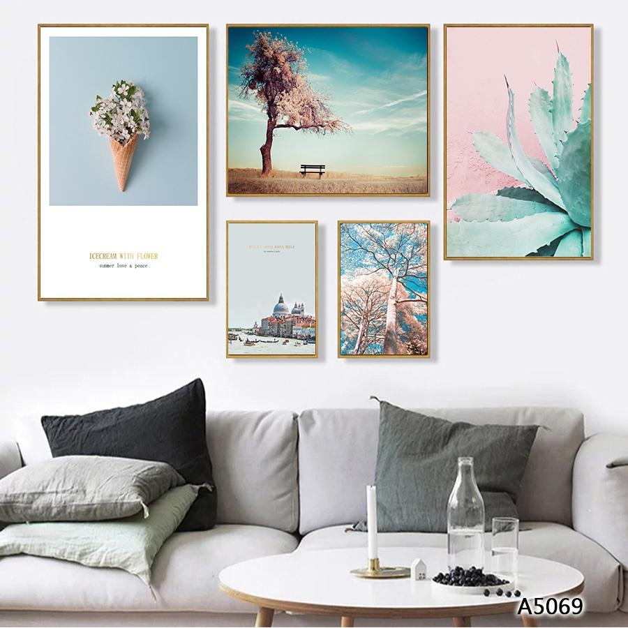 Bộ tranh khung canvas treo tường phong cảnh - cây lá