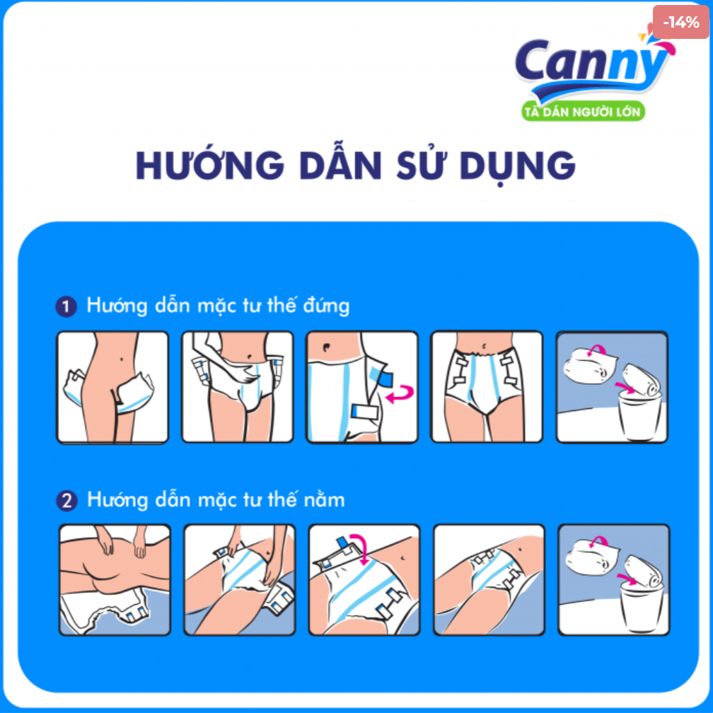 [Chính hãng] Bộ 2 Tã dán người lớn Canny size M/L 10 miếng/gói siêu mềm, siêu thấm hút vòng bụng 68-122cm