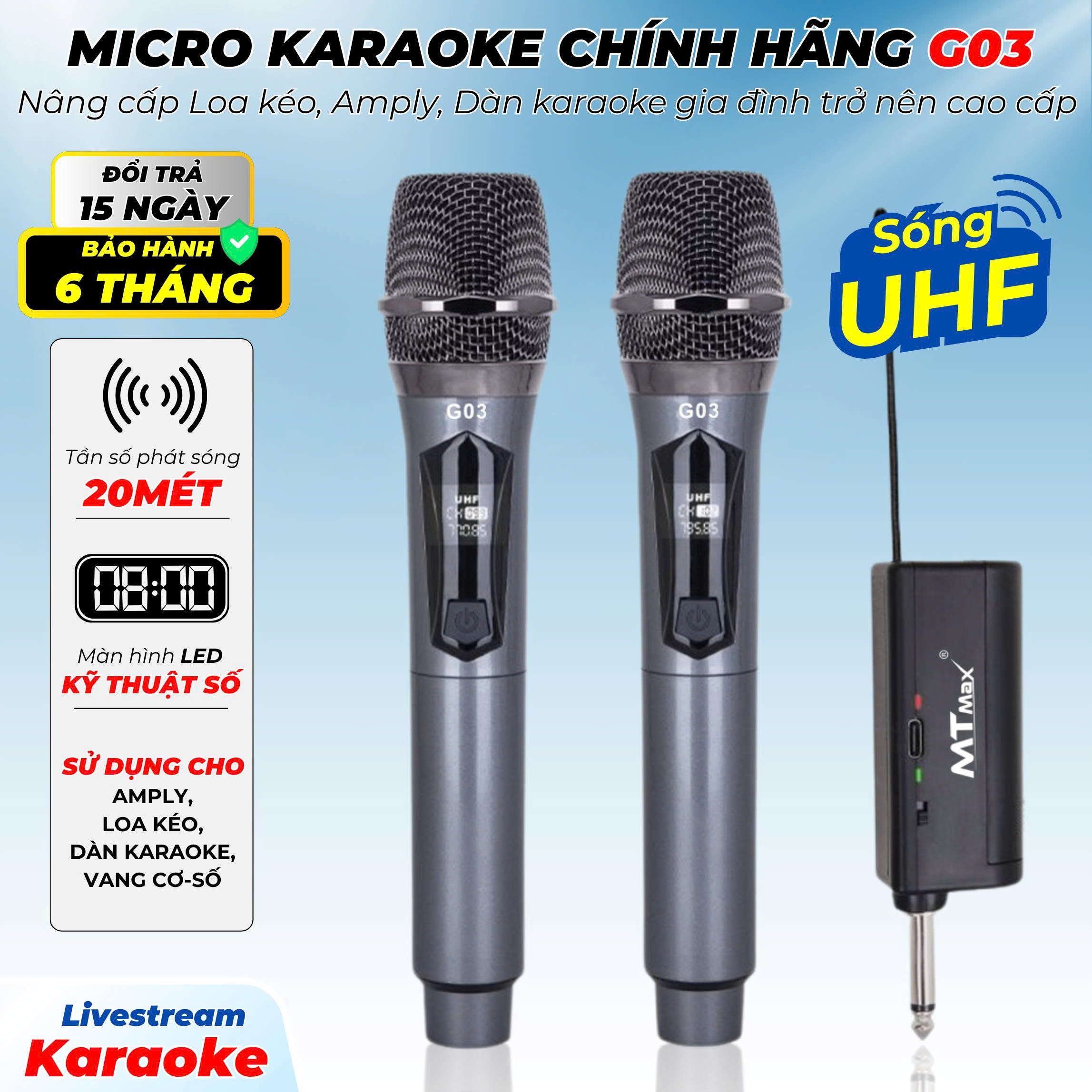 Micro Karaoke G03 Pin Sạc - Micro Không Dây Cao Cấp Chính Hãng, Âm Thanh Trong Trẻo, Mạch Chống Hú Cao Cấp , Chuyên Dùng Cho Loa Kéo, Mixer, Amply Hiện Đại hàng nhập khẩu
