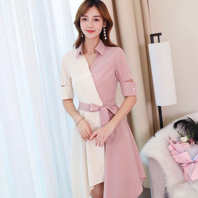 Đầm váy sơ mi Hồng Vạt Chéo Phối Trắng