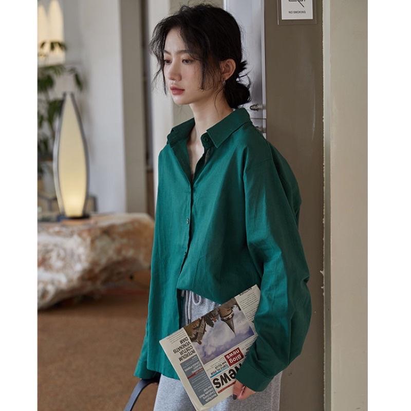 Sơmi màu xanh cổ vịt chuẩn Vintage thô dày cho cô nàng đam mê theo phong cách Thu Đông