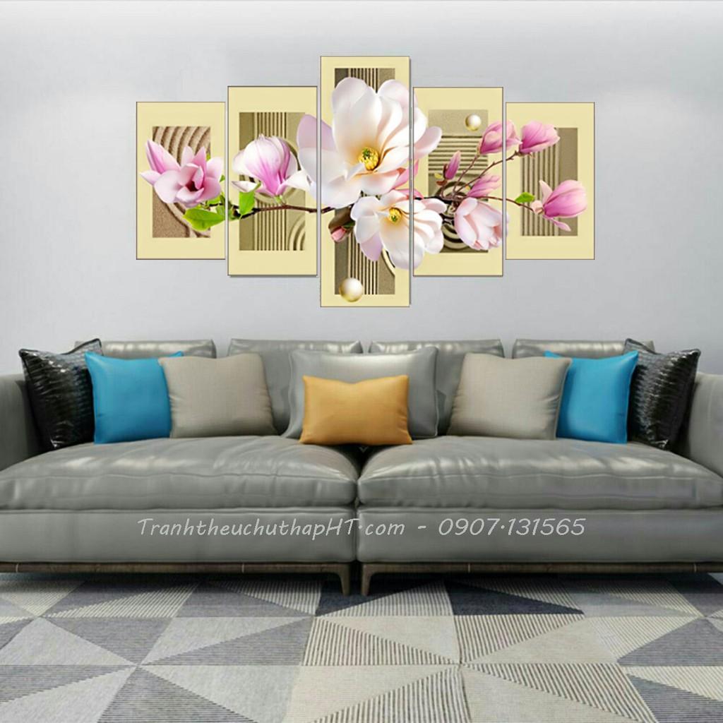 LV025 Tranh đá hoa Ngọc lan khoe sắc, tranh hiện đại bộ 5 bức - tự đính