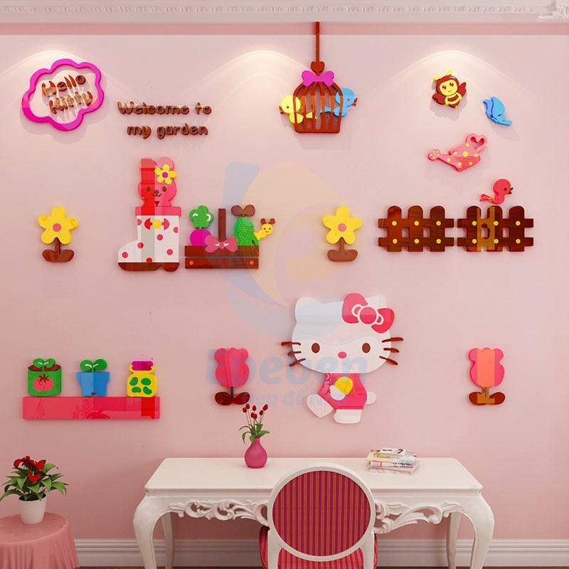 Tranh dán tường mica 3d decor khổ lớn khu vườn của hello kitty trang trí mầm non, mẫu giáo, phòng cho bé