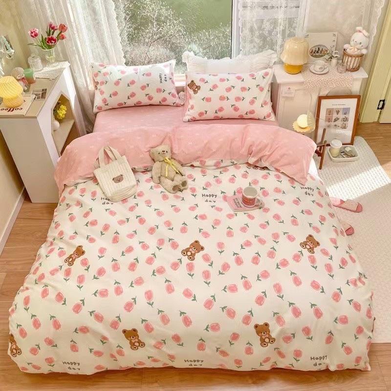 Bô Chăn Ga Gối Cotton Living 100%cotton Hàng Nhập Khẩu Cao Cấp 4 Món Hoa Nhí Hồng
